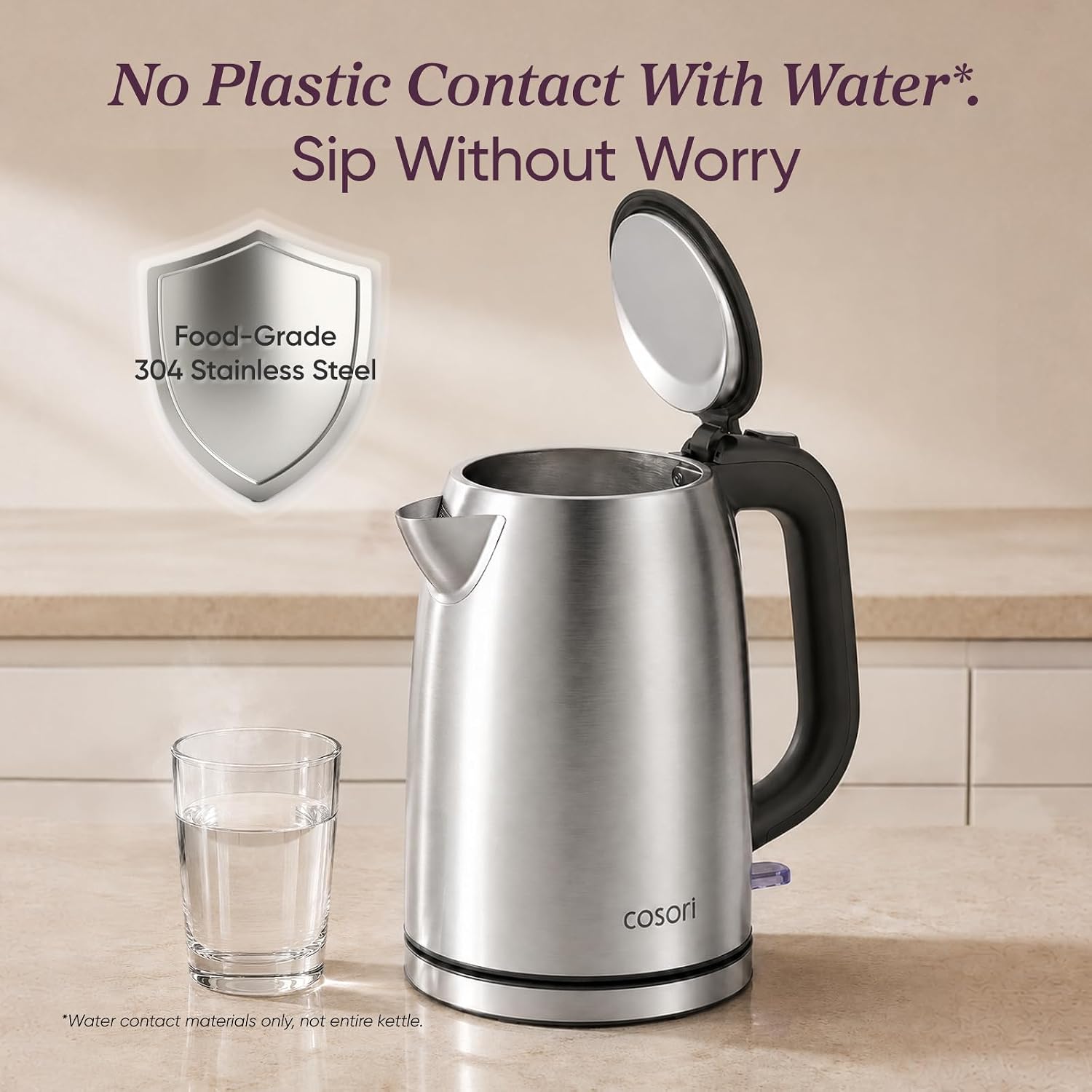 Cosori Stainless Steel Electric Kettle, No Plastic Contact with Water, 1.7L - Image 2