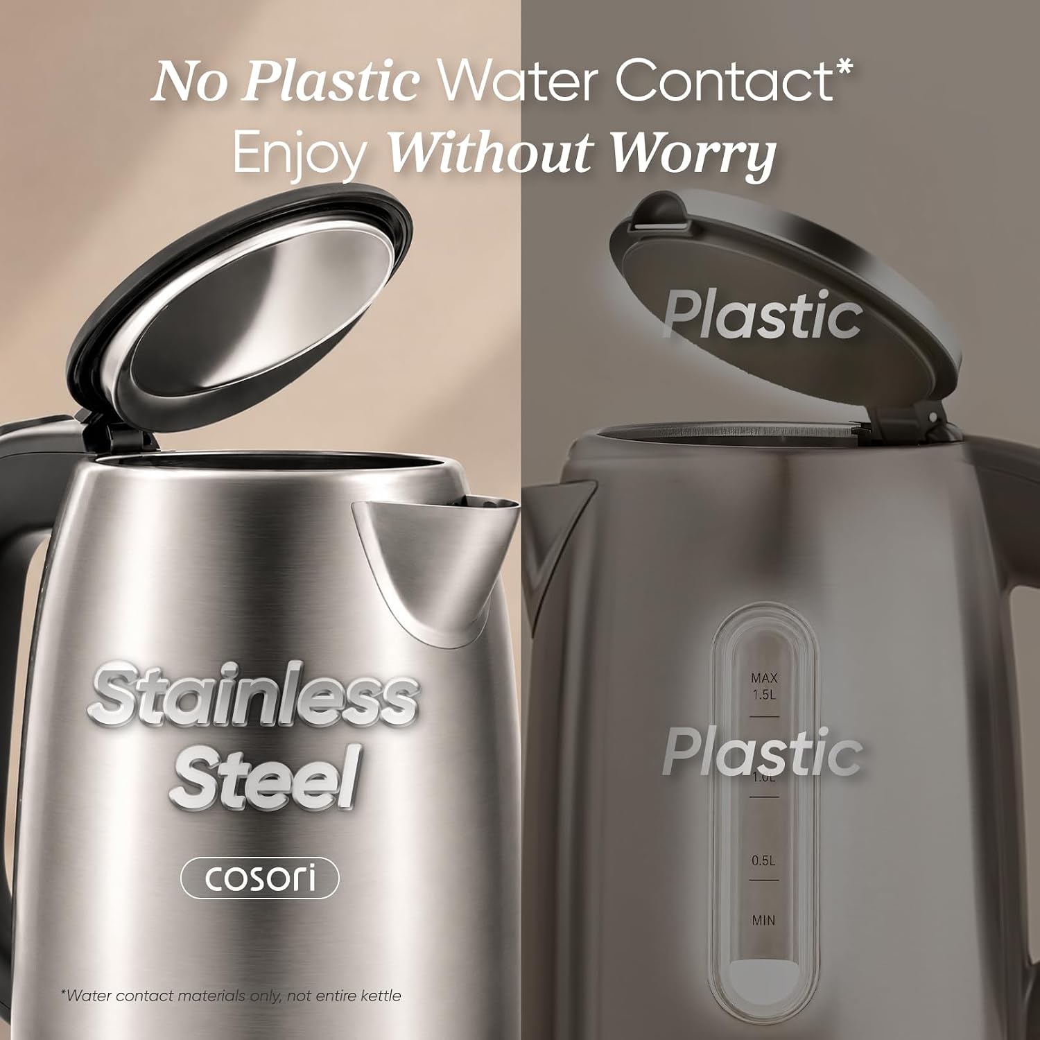 Cosori Stainless Steel Electric Kettle, No Plastic Contact with Water, 1.7L - Image 4