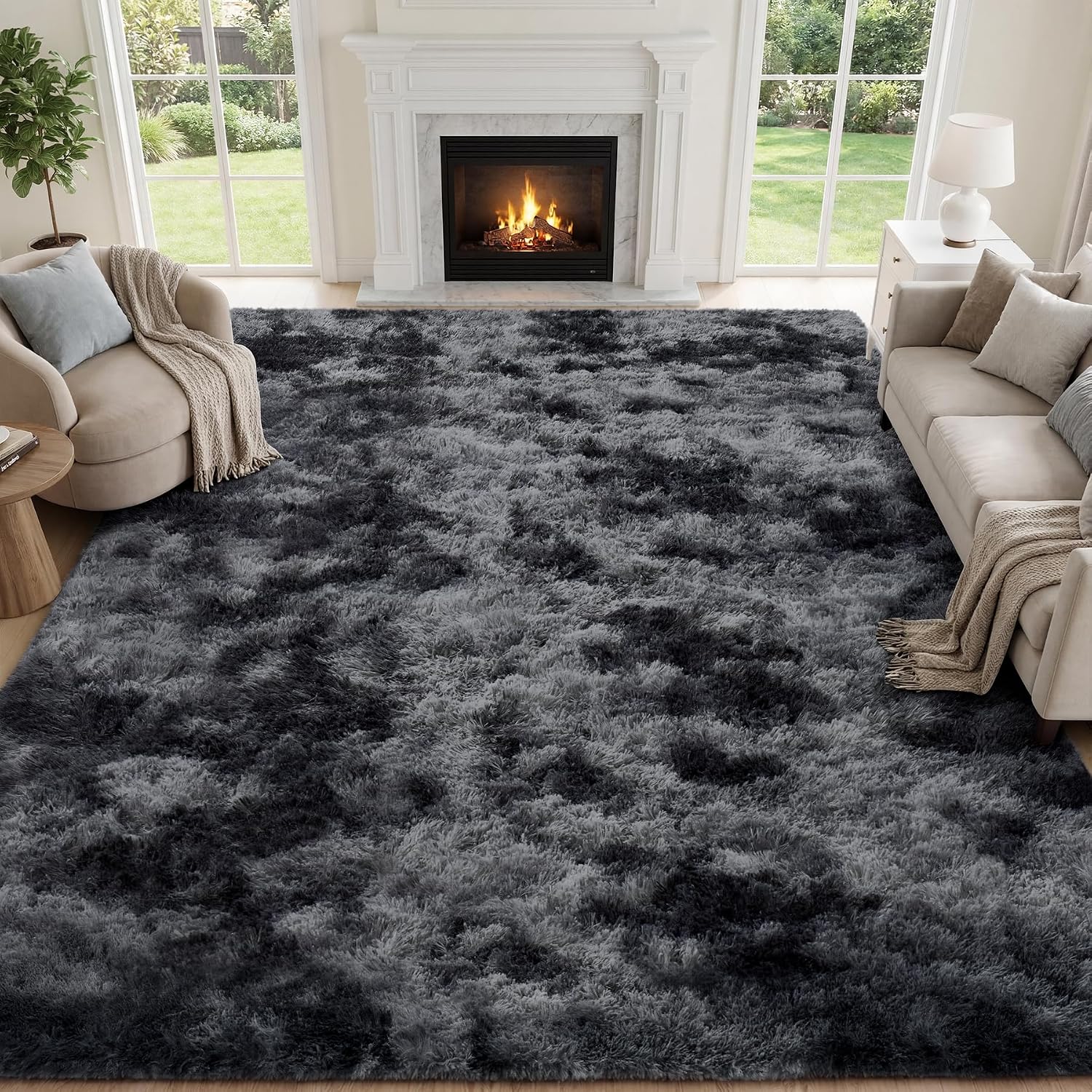 PLHXFR 8x10 Area Rugs Living Room: Fluffy Bedroom Soft Shag Rug Black Grey - Image 2