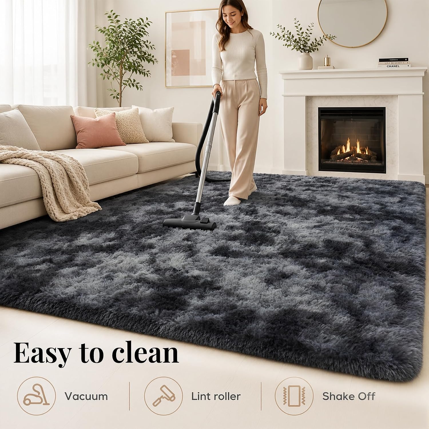 PLHXFR 8x10 Area Rugs Living Room: Fluffy Bedroom Soft Shag Rug Black Grey - Image 8