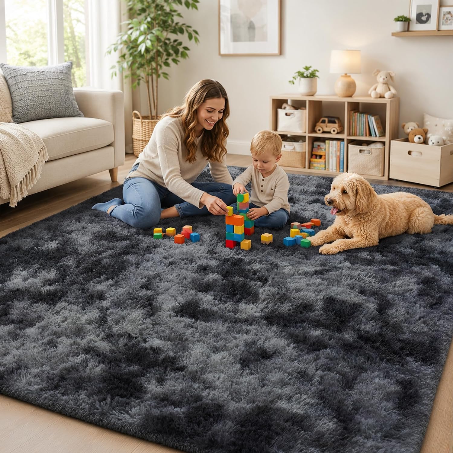 PLHXFR 8x10 Area Rugs Living Room: Fluffy Bedroom Soft Shag Rug Black Grey - Image 9