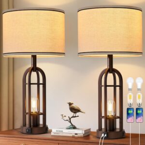 SRJJA 24" Farmhouse Table Lamps for Living Room Bedroom Set of 2, USB A+C