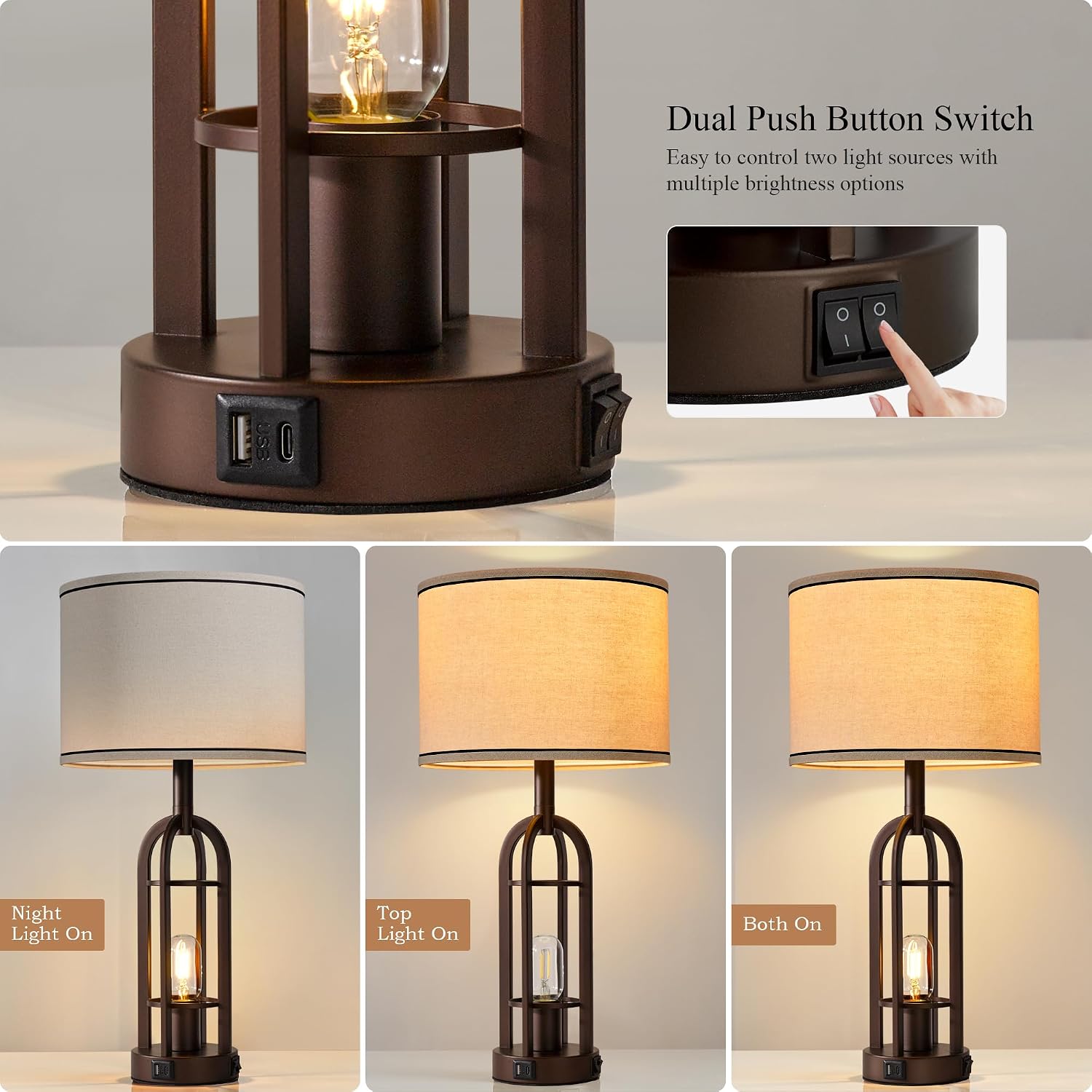SRJJA 24" Farmhouse Table Lamps for Living Room Bedroom Set of 2, USB A+C - Image 2