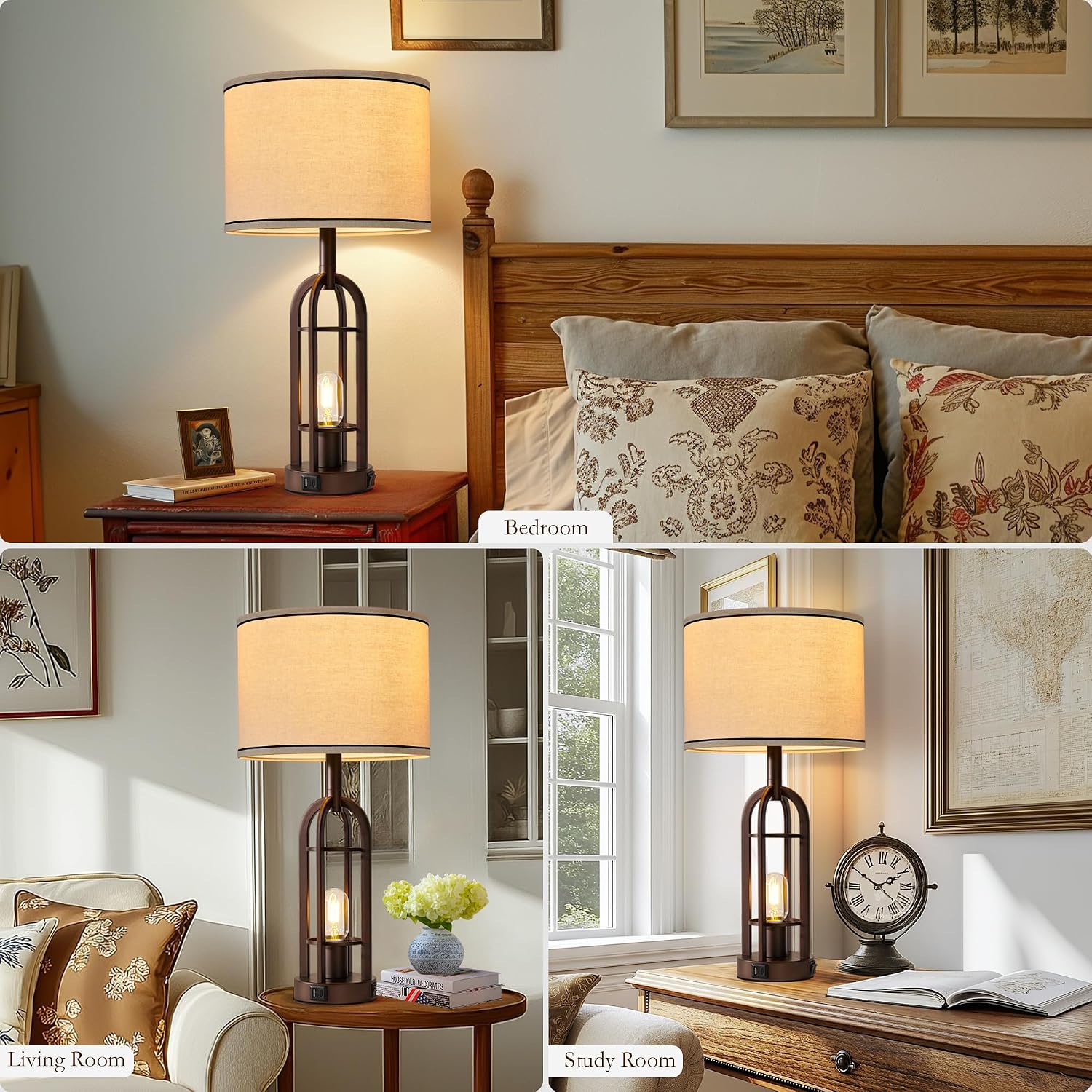 SRJJA 24" Farmhouse Table Lamps for Living Room Bedroom Set of 2, USB A+C - Image 4