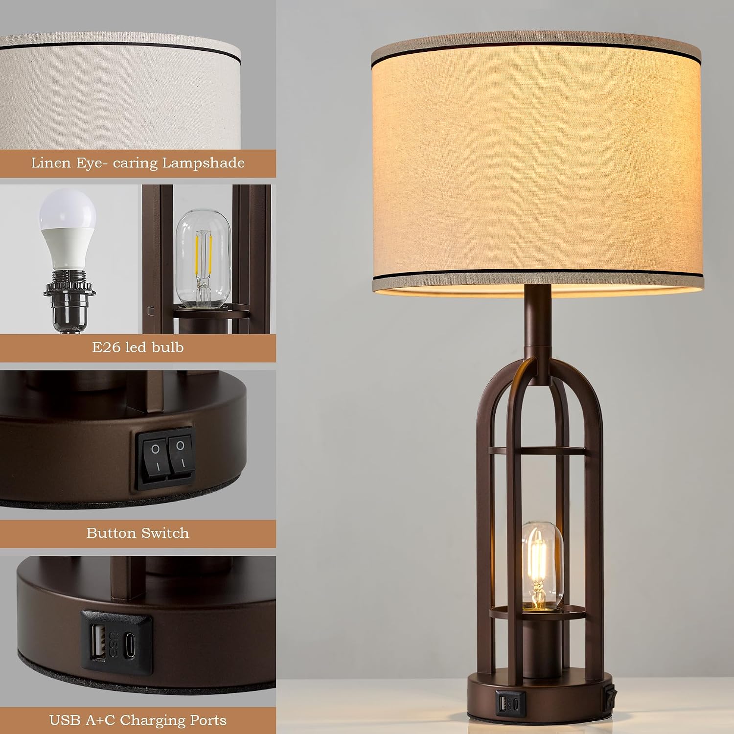 SRJJA 24" Farmhouse Table Lamps for Living Room Bedroom Set of 2, USB A+C - Image 5