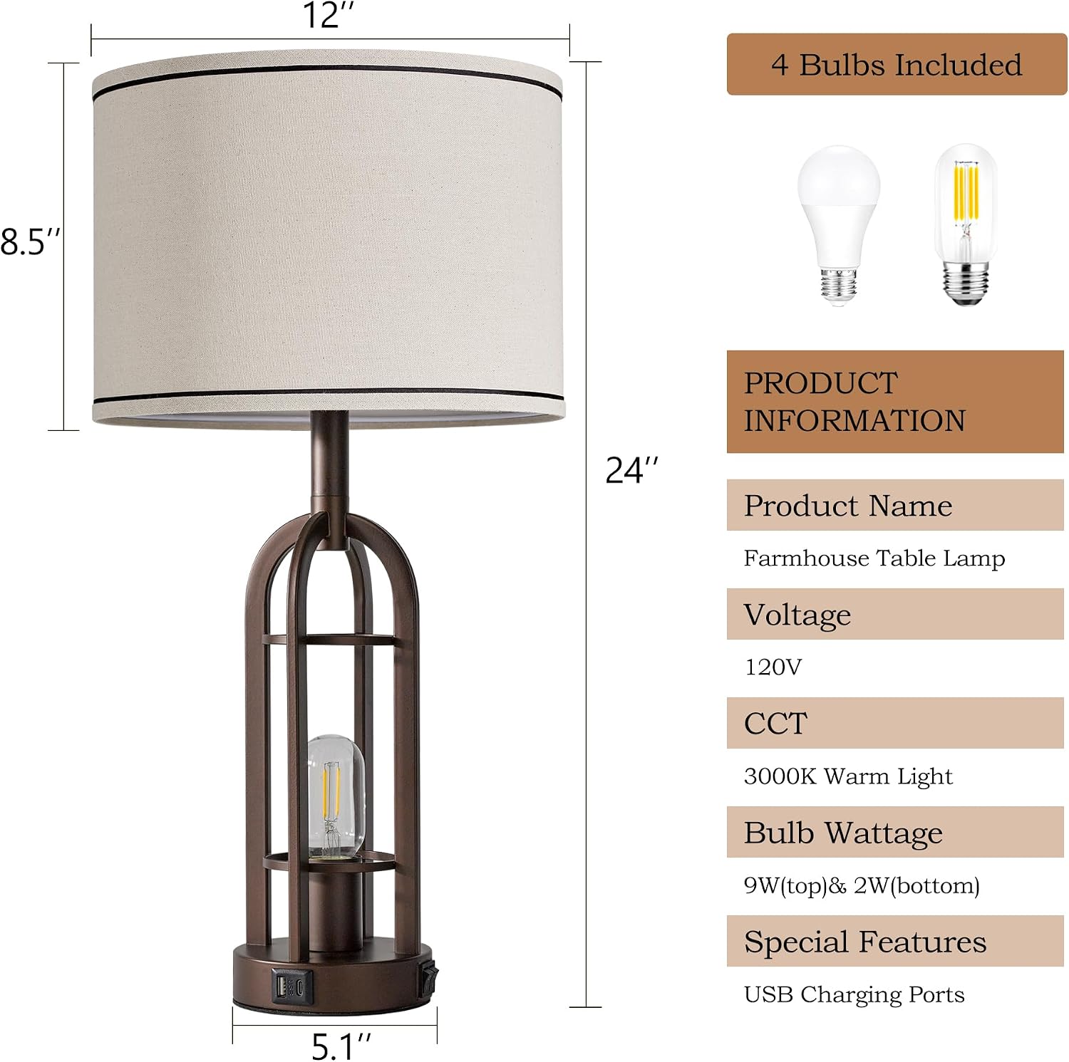 SRJJA 24" Farmhouse Table Lamps for Living Room Bedroom Set of 2, USB A+C - Image 6
